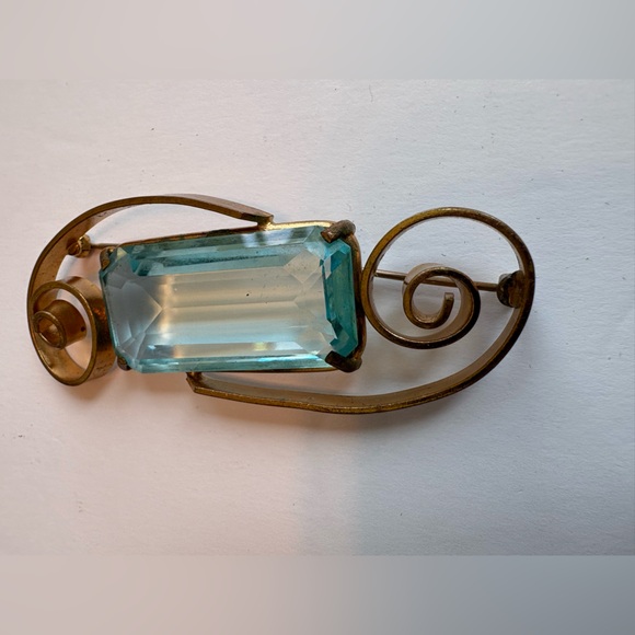 3”x2” Brooch With Blue Emerald Cut Vintage Midcentury Modern faux Aquamarine - Picture 5 of 16
